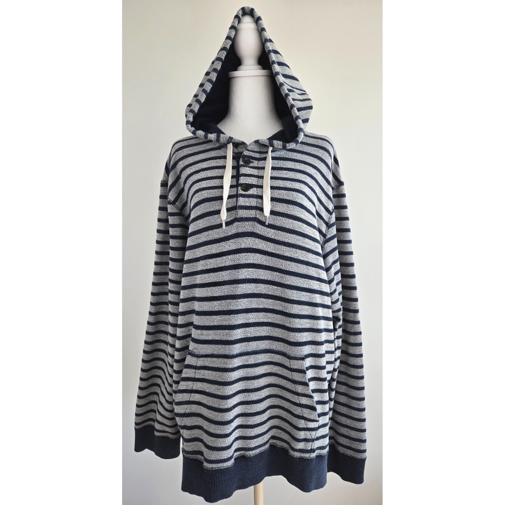 American Eagle Blue Stripes Hooded Sweatshirt Kangaroo Pockets Sz XL Henley Pull